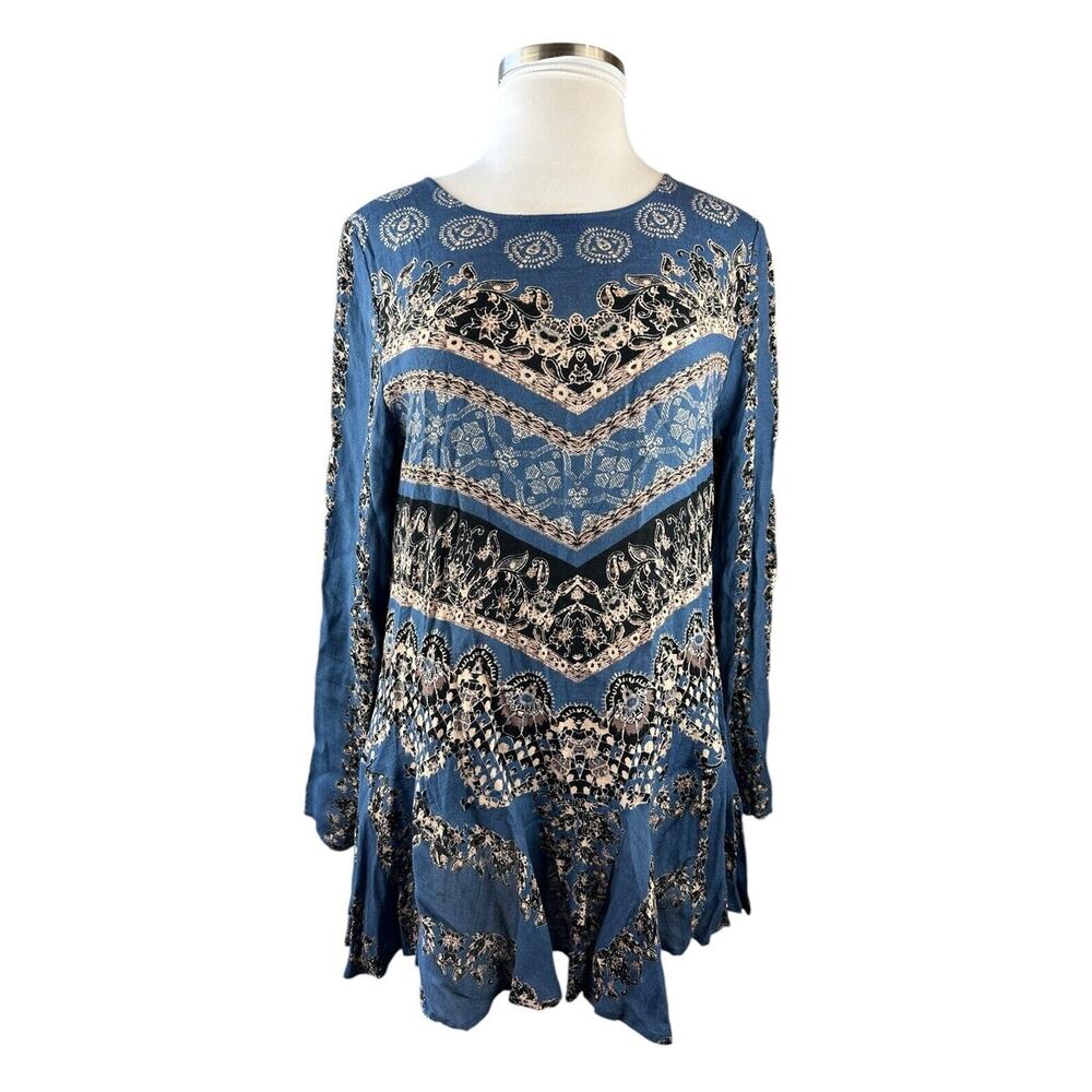 Free People Smooth Talker Tunic Mini Dress Boho Festival Blue Women's Size Large - Picture 4 of 16